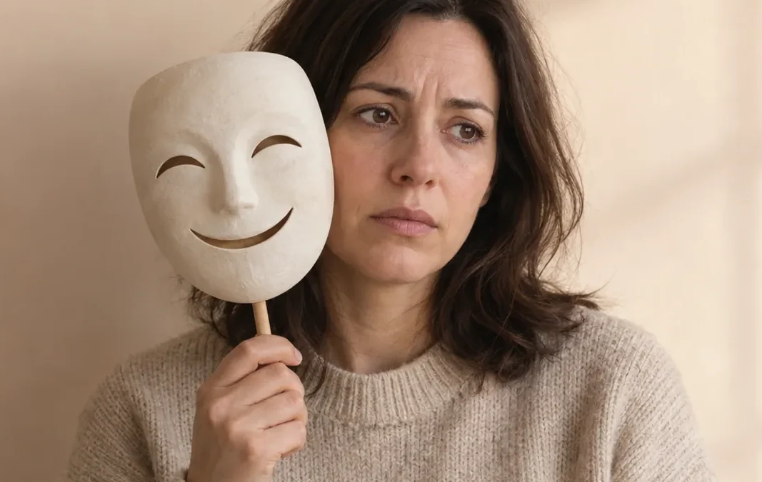 Woman holding a smiling mask beside her worried face, a picture of people-pleasing and anxiety