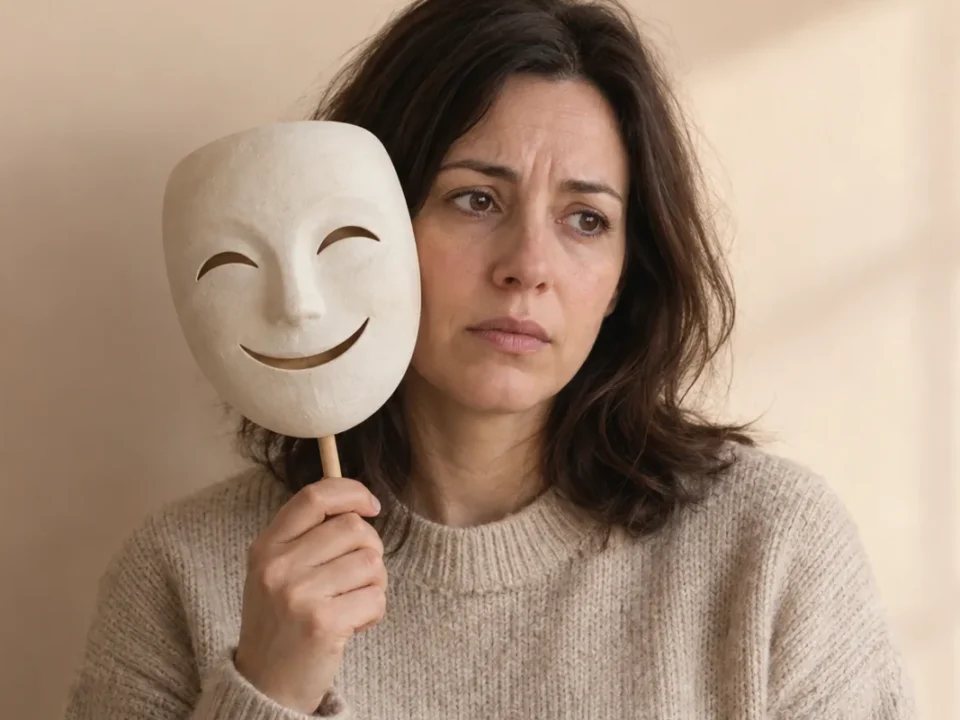 Woman holding a smiling mask beside her worried face, a picture of people-pleasing and anxiety